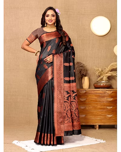 Soft Katan Silk Saree with Copper Zari Weaving Design and Rich Zari Pallu-RMNX-290-Black