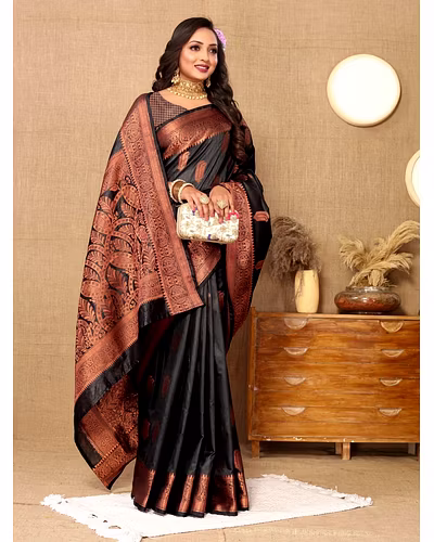 Soft Katan Silk Saree with Copper Zari Weaving Design and Rich Zari Pallu-Black-1