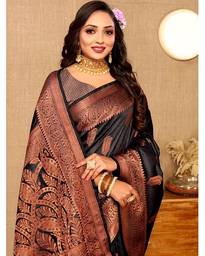 Soft Katan Silk Saree with Copper Zari Weaving Design and Rich Zari Pallu-Black-2