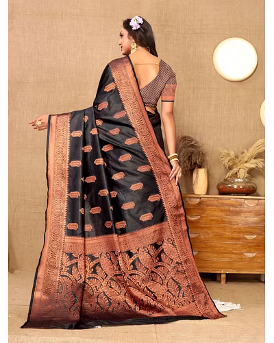 Soft Katan Silk Saree with Copper Zari Weaving Design and Rich Zari Pallu-Black-3