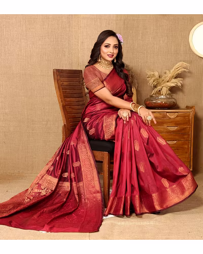 Soft Katan Silk Saree with Copper Zari Weaving Design and Rich Zari Pallu-Red-1