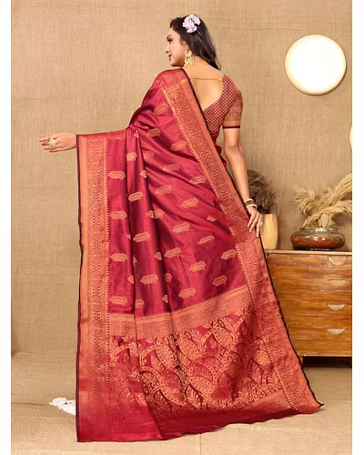 Soft Katan Silk Saree with Copper Zari Weaving Design and Rich Zari Pallu-Red-2
