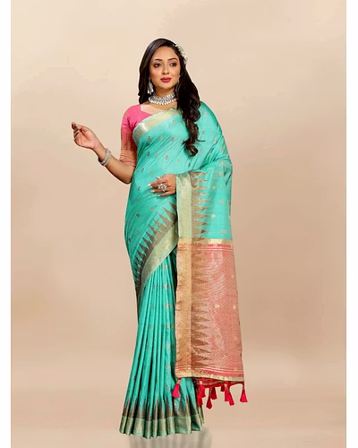 Soft Katan Silk Saree with Zari Weaving Design, Pallu, Border &amp; Silk Blouse Piece-RMNX-294-Firozi