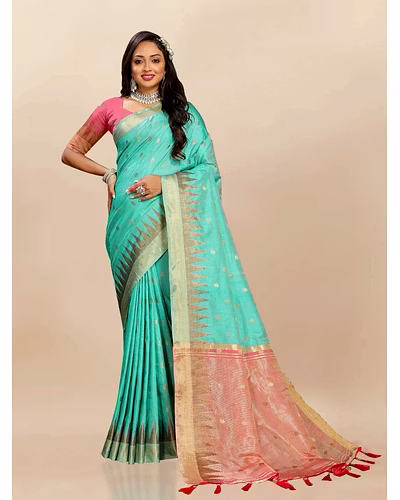Soft Katan Silk Saree with Zari Weaving Design, Pallu, Border &amp; Silk Blouse Piece-Firozi-1