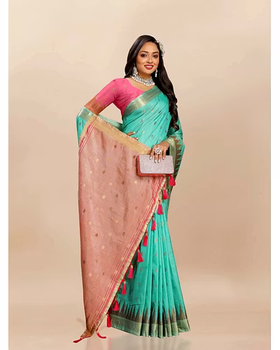 Soft Katan Silk Saree with Zari Weaving Design, Pallu, Border &amp; Silk Blouse Piece-Firozi-2