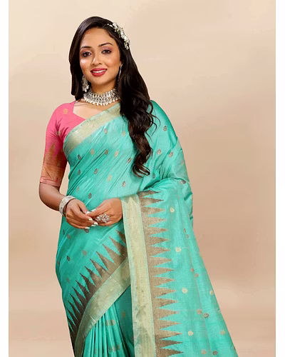 Soft Katan Silk Saree with Zari Weaving Design, Pallu, Border &amp; Silk Blouse Piece-Firozi-3