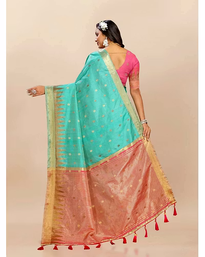 Soft Katan Silk Saree with Zari Weaving Design, Pallu, Border &amp; Silk Blouse Piece-Firozi-4