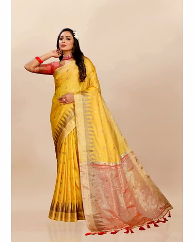 Soft Katan Silk Saree with Zari Weaving Design, Pallu, Border &amp; Silk Blouse Piece-RMNX-294-Yellow
