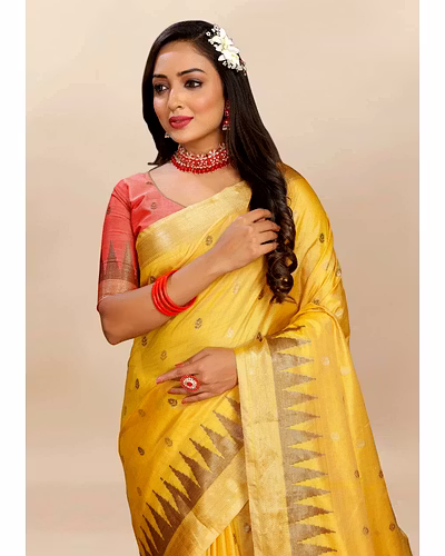Soft Katan Silk Saree with Zari Weaving Design, Pallu, Border &amp; Silk Blouse Piece-Yellow-1