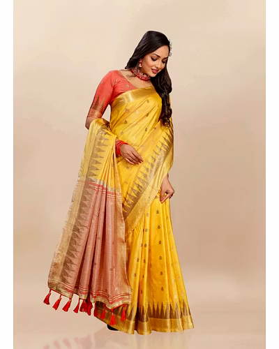 Soft Katan Silk Saree with Zari Weaving Design, Pallu, Border &amp; Silk Blouse Piece-Yellow-2