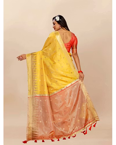 Soft Katan Silk Saree with Zari Weaving Design, Pallu, Border &amp; Silk Blouse Piece-Yellow-3