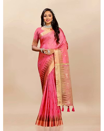 Soft Katan Silk Saree with Zari Weaving Design, Pallu, Border &amp; Silk Blouse Piece-RMNX-294-Peach