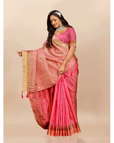 Soft Katan Silk Saree with Zari Weaving Design, Pallu, Border &amp; Silk Blouse Piece-Peach-1