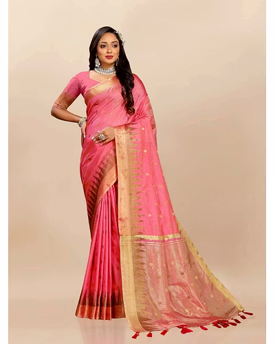 Soft Katan Silk Saree with Zari Weaving Design, Pallu, Border &amp; Silk Blouse Piece-Peach-2
