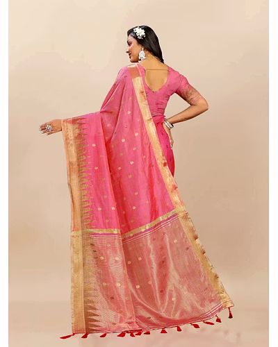 Soft Katan Silk Saree with Zari Weaving Design, Pallu, Border &amp; Silk Blouse Piece-Peach-4