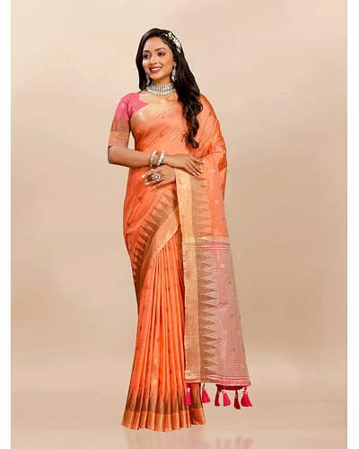 Soft Katan Silk Saree with Zari Weaving Design, Pallu, Border &amp; Silk Blouse Piece-RMNX-294-Orange