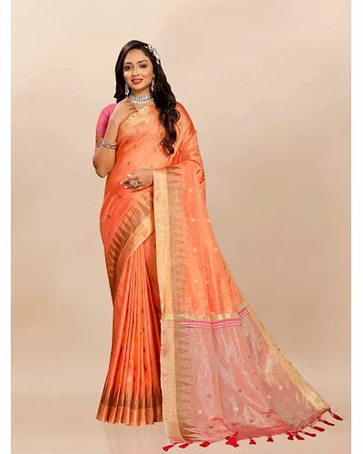 Soft Katan Silk Saree with Zari Weaving Design, Pallu, Border &amp; Silk Blouse Piece-Orange-1