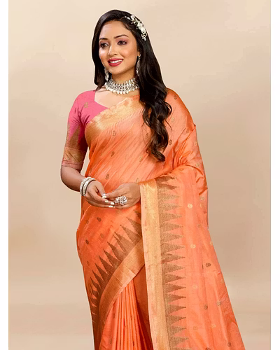 Soft Katan Silk Saree with Zari Weaving Design, Pallu, Border &amp; Silk Blouse Piece-Orange-2