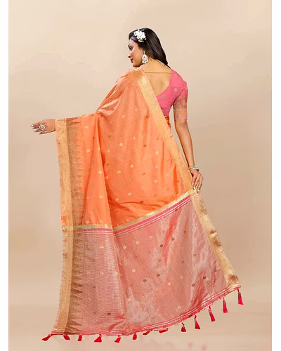Soft Katan Silk Saree with Zari Weaving Design, Pallu, Border &amp; Silk Blouse Piece-Orange-4