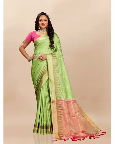 Soft Katan Silk Saree with Zari Weaving Design, Pallu, Border &amp; Silk Blouse Piece-RMNX-294-Pista
