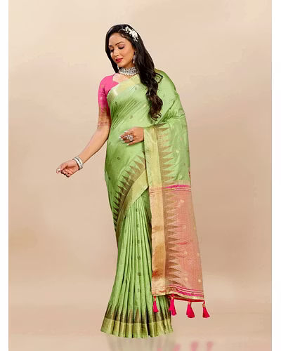Soft Katan Silk Saree with Zari Weaving Design, Pallu, Border &amp; Silk Blouse Piece-Pista-1