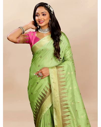 Soft Katan Silk Saree with Zari Weaving Design, Pallu, Border &amp; Silk Blouse Piece-Pista-2