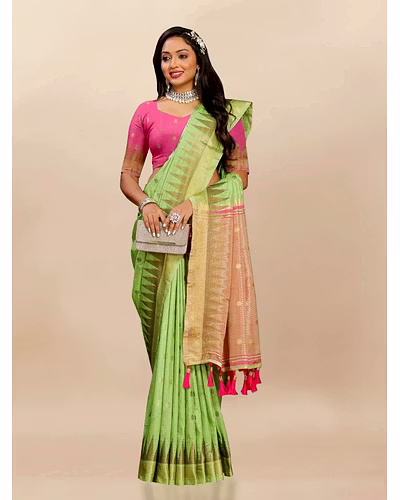 Soft Katan Silk Saree with Zari Weaving Design, Pallu, Border &amp; Silk Blouse Piece-Pista-3