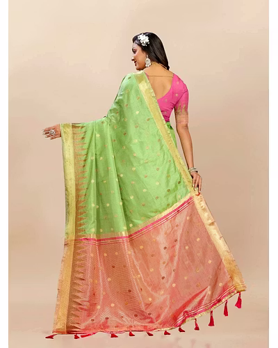 Soft Katan Silk Saree with Zari Weaving Design, Pallu, Border &amp; Silk Blouse Piece-Pista-4