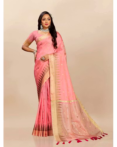 Soft Katan Silk Saree with Zari Weaving Design, Pallu, Border &amp; Silk Blouse Piece-Pink-2