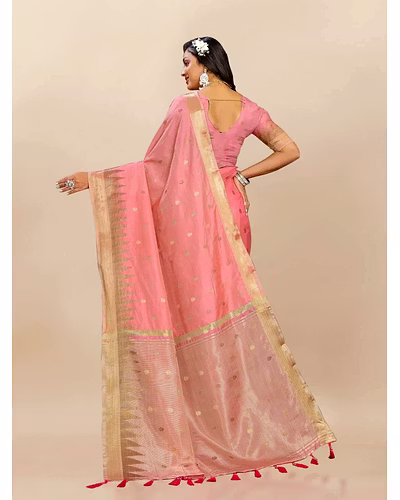 Soft Katan Silk Saree with Zari Weaving Design, Pallu, Border &amp; Silk Blouse Piece-Pink-4