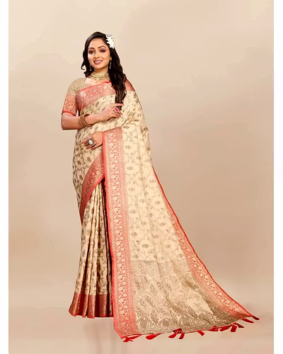 Soft Katan Silk Saree with Rich Zari Weaving Design, Border, and Tassels, Silk Blouse Included-Beige-1