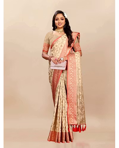 Soft Katan Silk Saree with Rich Zari Weaving Design, Border, and Tassels, Silk Blouse Included-Beige-2
