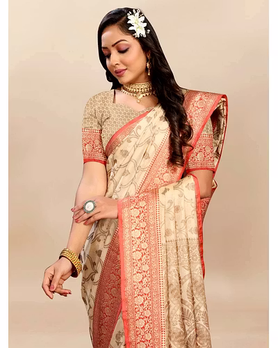 Soft Katan Silk Saree with Rich Zari Weaving Design, Border, and Tassels, Silk Blouse Included-Beige-3