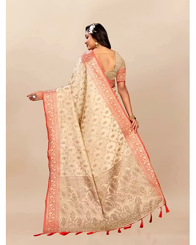 Soft Katan Silk Saree with Rich Zari Weaving Design, Border, and Tassels, Silk Blouse Included-Beige-4