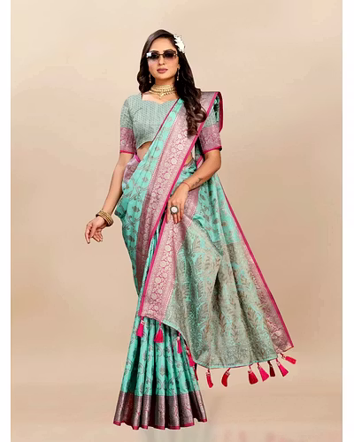 Soft Katan Silk Saree with Rich Zari Weaving Design, Border, and Tassels, Silk Blouse Included-Rama-1