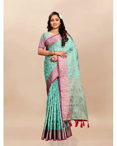 Soft Katan Silk Saree with Rich Zari Weaving Design, Border, and Tassels, Silk Blouse Included-Rama-2