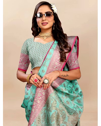 Soft Katan Silk Saree with Rich Zari Weaving Design, Border, and Tassels, Silk Blouse Included-Rama-3