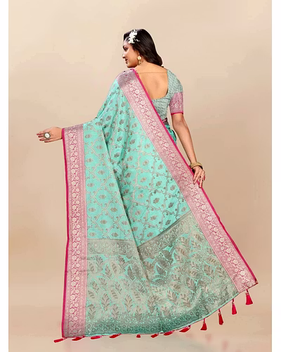 Soft Katan Silk Saree with Rich Zari Weaving Design, Border, and Tassels, Silk Blouse Included-Rama-4