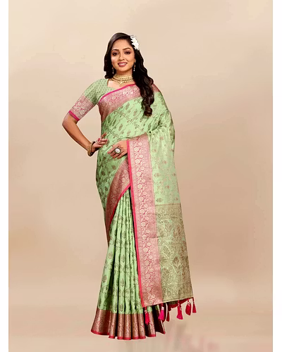 Soft Katan Silk Saree with Rich Zari Weaving Design, Border, and Tassels, Silk Blouse Included-RMNX-295-Pista