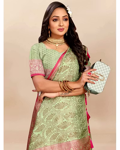 Soft Katan Silk Saree with Rich Zari Weaving Design, Border, and Tassels, Silk Blouse Included-Pista-2