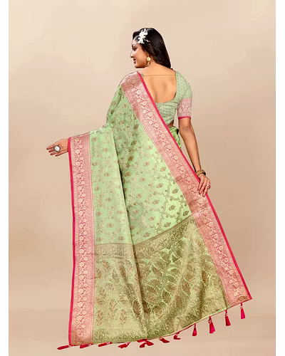 Soft Katan Silk Saree with Rich Zari Weaving Design, Border, and Tassels, Silk Blouse Included-Pista-3