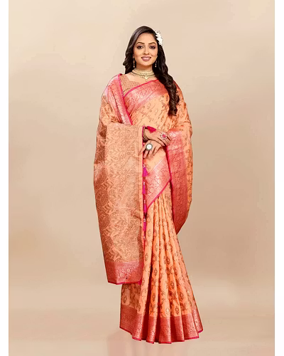 Soft Katan Silk Saree with Rich Zari Weaving Design, Border, and Tassels, Silk Blouse Included-Orange-2