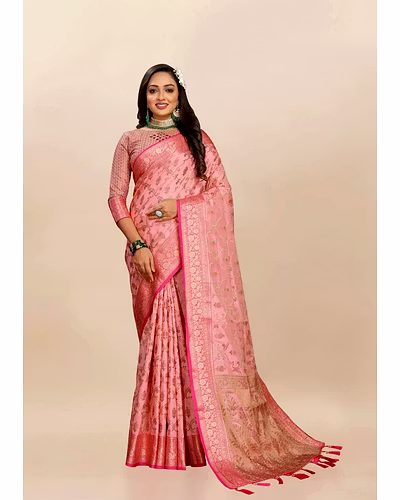 Soft Katan Silk Saree with Rich Zari Weaving Design, Border, and Tassels, Silk Blouse Included-RMNX-295-Pink