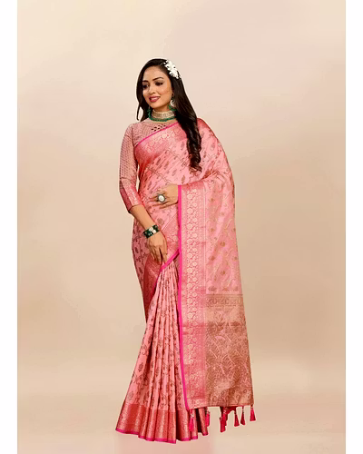 Soft Katan Silk Saree with Rich Zari Weaving Design, Border, and Tassels, Silk Blouse Included-Pink-1