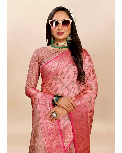 Soft Katan Silk Saree with Rich Zari Weaving Design, Border, and Tassels, Silk Blouse Included-Pink-2