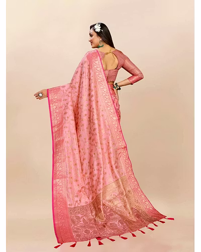 Soft Katan Silk Saree with Rich Zari Weaving Design, Border, and Tassels, Silk Blouse Included-Pink-4