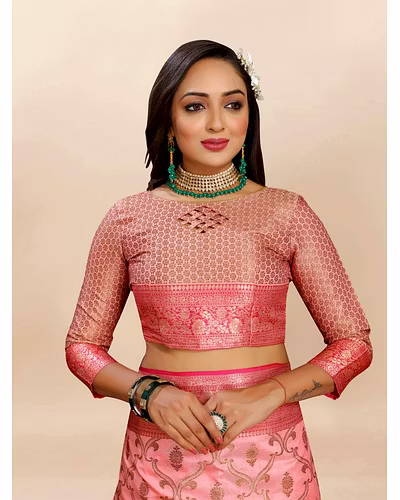 Soft Katan Silk Saree with Rich Zari Weaving Design, Border, and Tassels, Silk Blouse Included-Pink-5