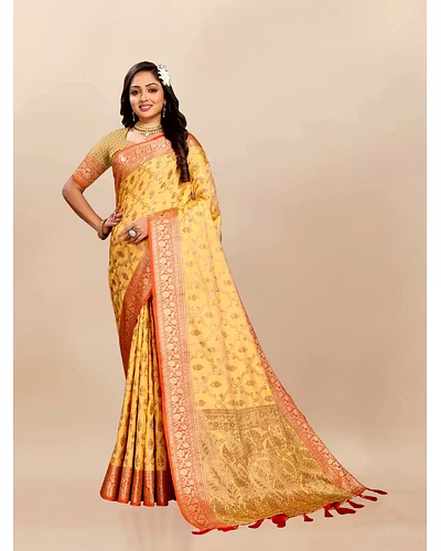 Soft Katan Silk Saree with Rich Zari Weaving Design, Border, and Tassels, Silk Blouse Included-RMNX-295-Yellow