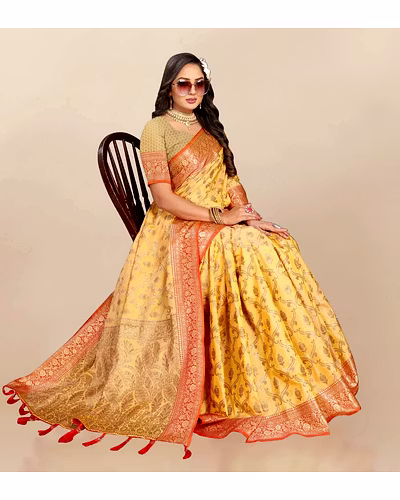 Soft Katan Silk Saree with Rich Zari Weaving Design, Border, and Tassels, Silk Blouse Included-Yellow-1