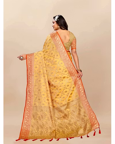 Soft Katan Silk Saree with Rich Zari Weaving Design, Border, and Tassels, Silk Blouse Included-Yellow-3